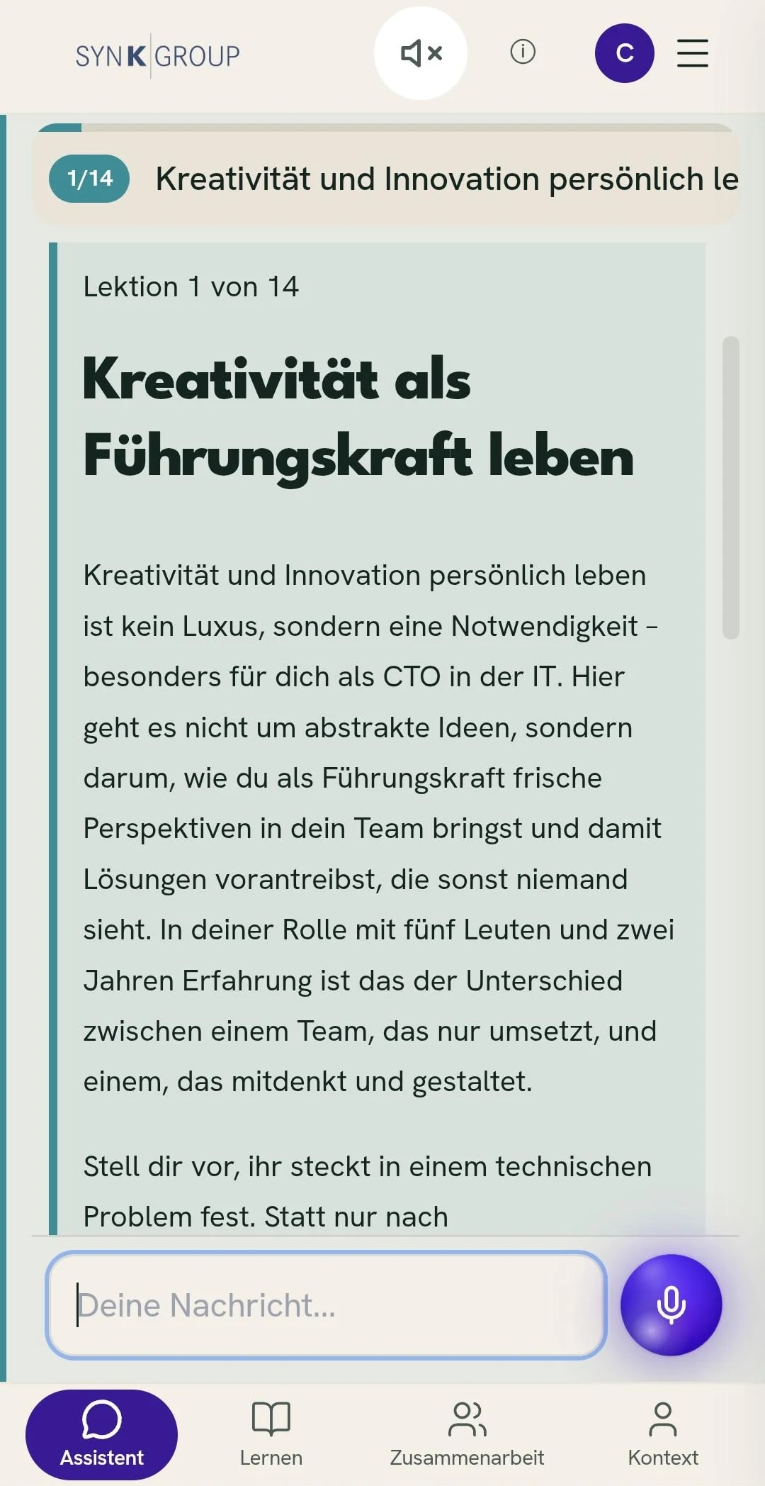 Eine Lektion in der Leada-App: „Kreativität als Führungskraft leben“, Lektion 1 von 14, mit Lesetext und Eingabefeld für Rückfragen.