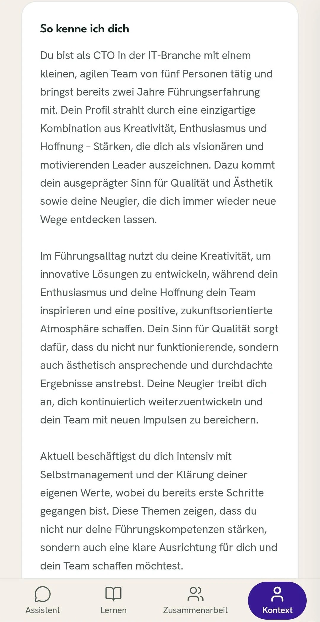 Der Kontext, den Leada aufgebaut hat: ein Fließtext über Rolle, Team, Stärken und woran gerade gearbeitet wird.