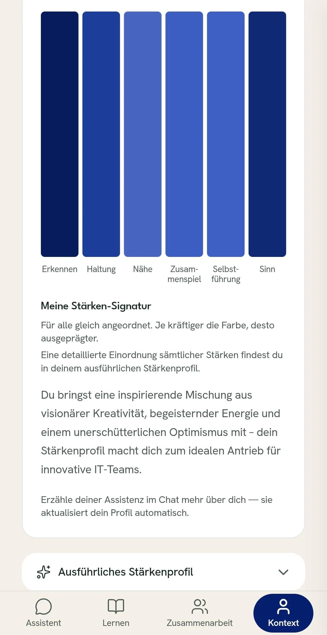Das eigene Stärkenprofil in der Leada-App: die Stärken als Kugeldarstellung, darunter die Auswertung aus dem Assessment.